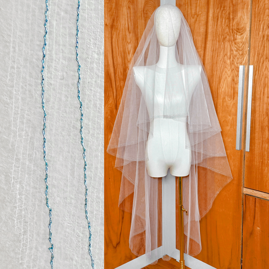 Two Tier Veil with Blue Metallic Edge and Blusher: Fingertip to Cathedral Length - CLEIDE