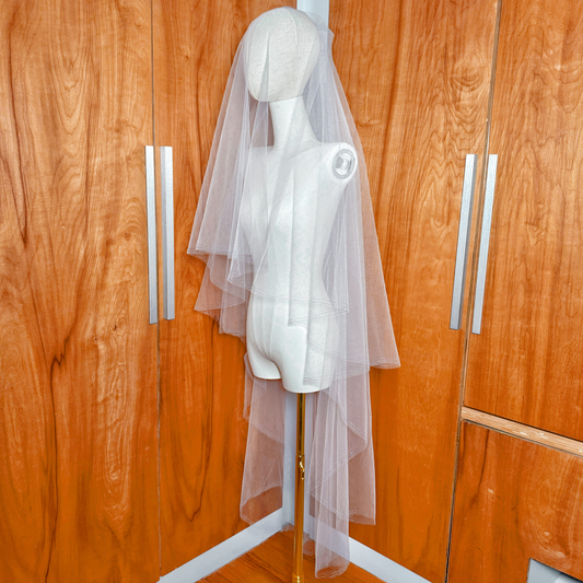 Two Tier Veil with Blue Metallic Edge and Blusher: Fingertip to Cathedral Length - CLEIDE