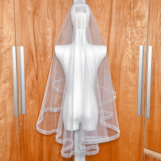 Back view of the crystal edge detailing on a two tier horsehair veil
