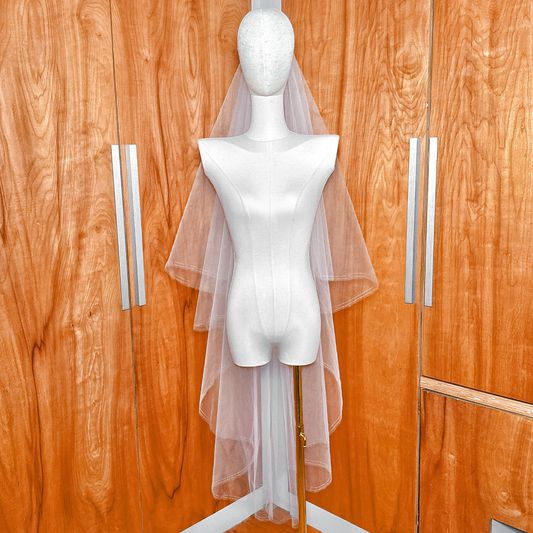 Waltz length two tier bridal veil with gold metallic edging and integrated blusher.