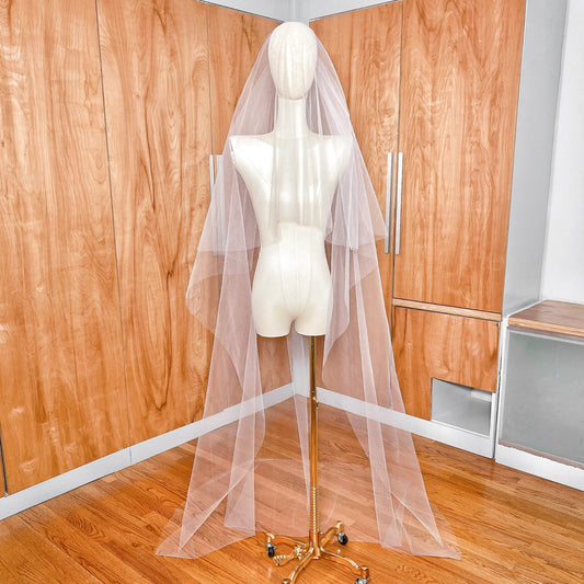 Two Tier Chapel Length Tulle Veil with Raw Edge and Blusher - HAYES