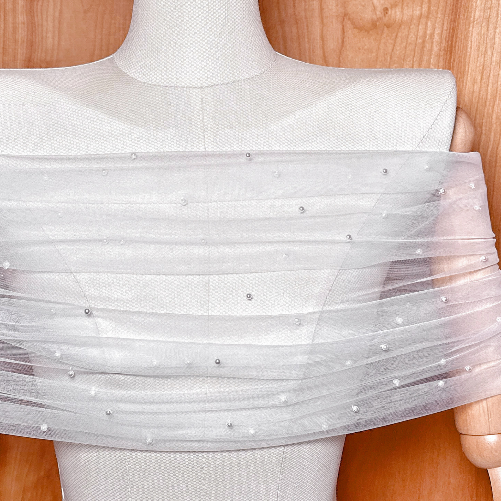 NERINE | Ruched Tulle Wrap with Pearls