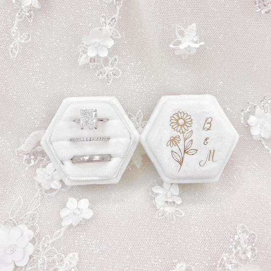 Custom Birth Month Flower Hexagon Velvet Ring Box: Triple Slot