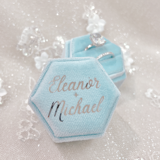 Personalized Hexagon Velvet Ring Box with Names: Double Slot
