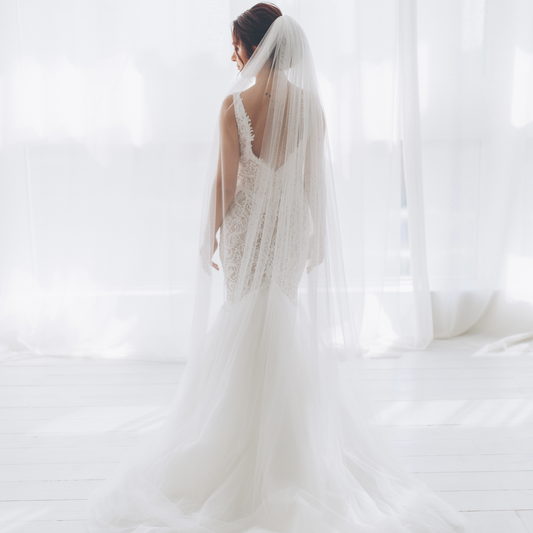 Chapel Length Tulle Veil with Raw Edge and Blusher - REAGAN