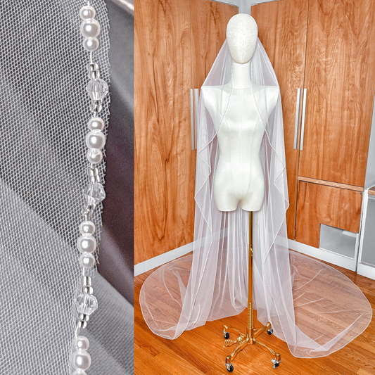 Cascading Beaded Edge Veil: Fingertip to Cathedral Length - BURKE