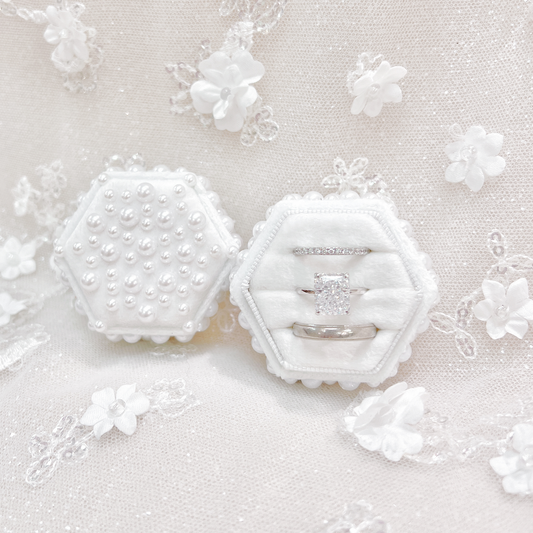 Pearl Embellished Hexagon Velvet Ring Box: Triple Slot