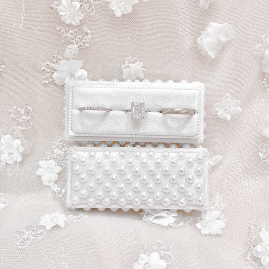 Pearl Embellished Slim Rectangle Velvet Ring Box: Triple Slot