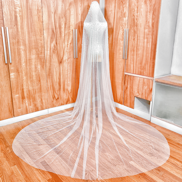 Rear view of a cathedral length pearl studded mantilla wedding veil draped over a dress form.