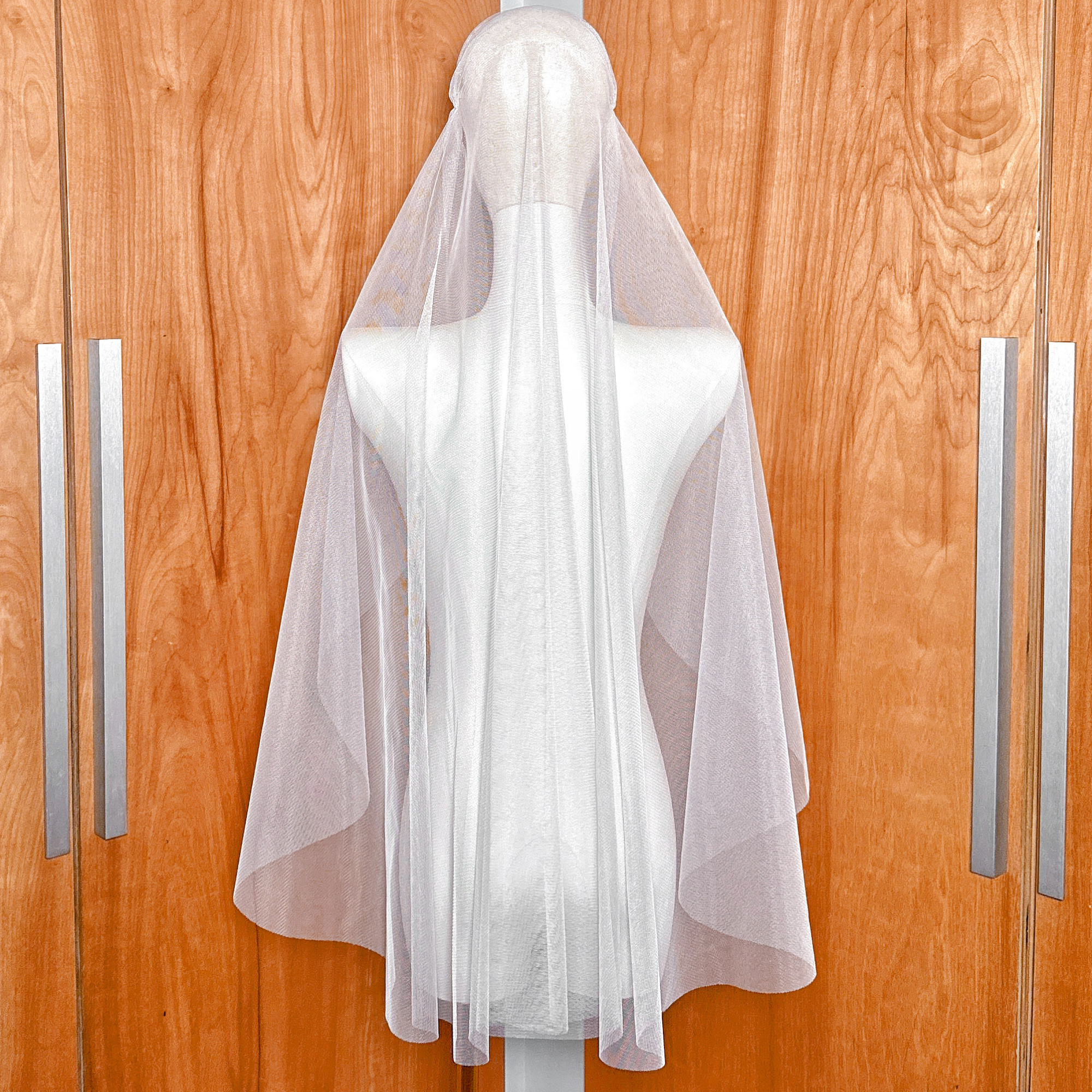 Rear view of a beaded Juliet cap veil showing fingertip length drape on a mannequin.
