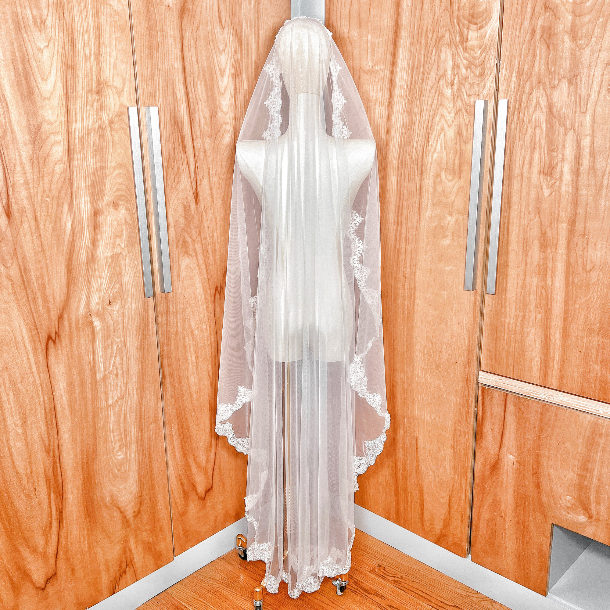 Rear view of a beaded bridal mantilla veil showing the full waltz length silhouette and traditional lace border on a mannequin.