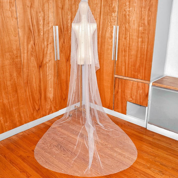 Back view of a cathedral length scattered pearl edge mantilla wedding veil on a mannequin highlighting the cascading pearls.