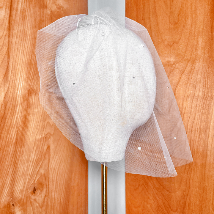 Bridal tulle birdcage wedding veil featuring delicate rhinestones and round pearls.