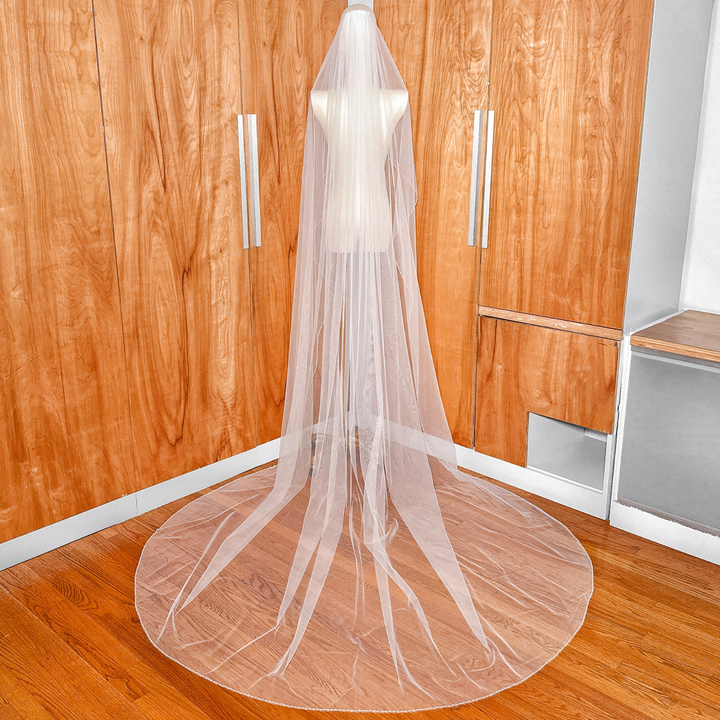 Full back view of a cascading beaded edge wedding veil in cathedral length.