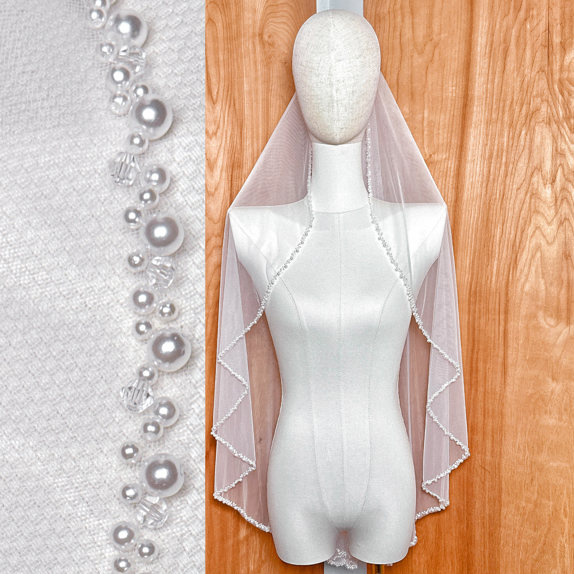 Front view of a cascading fingertip length pearl edge wedding veil showing the soft ivory tulle drape.
