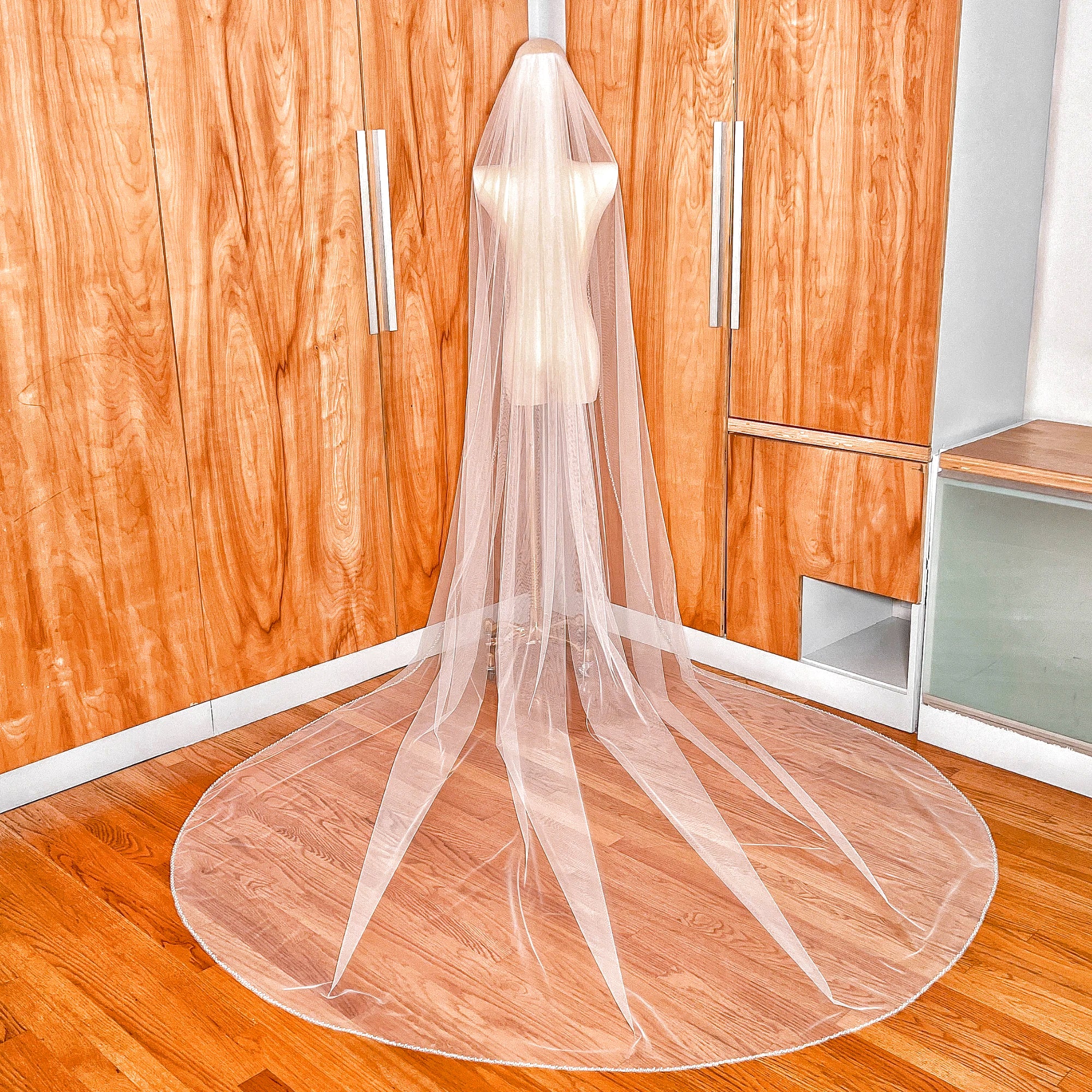 Full back view of a cathedral length beaded edge wedding veil.