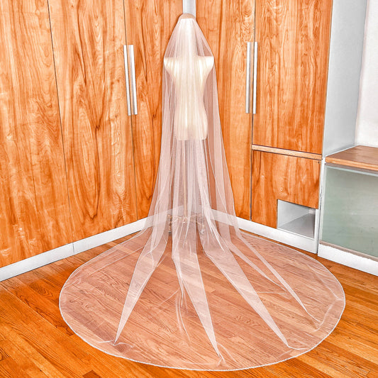 Full back view of a cathedral length beaded edge wedding veil.
