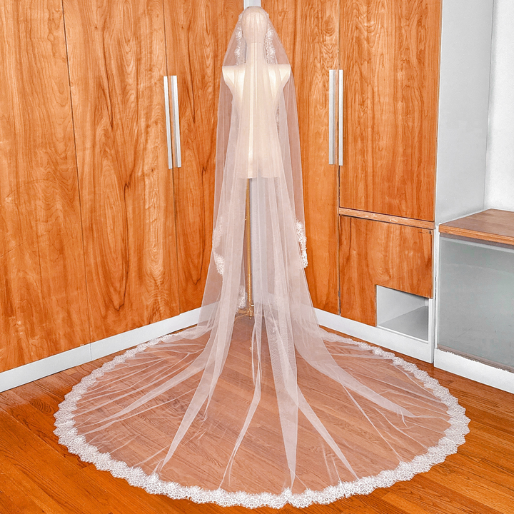 Rear view of a cathedral length Chantilly lace mantilla veil showing the full drape on a mannequin.