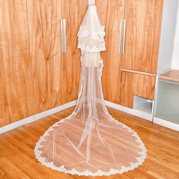 Back view of a cathedral length Alençon lace wedding veil with a two-tier drop blusher draped on a mannequin.