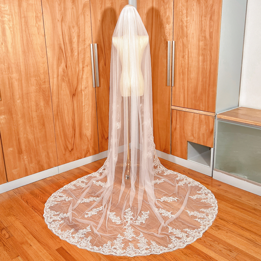 Full back view of the Alençon lace wedding veil in cathedral length, showing the dramatic floral lace patterns as they extend across the floor.