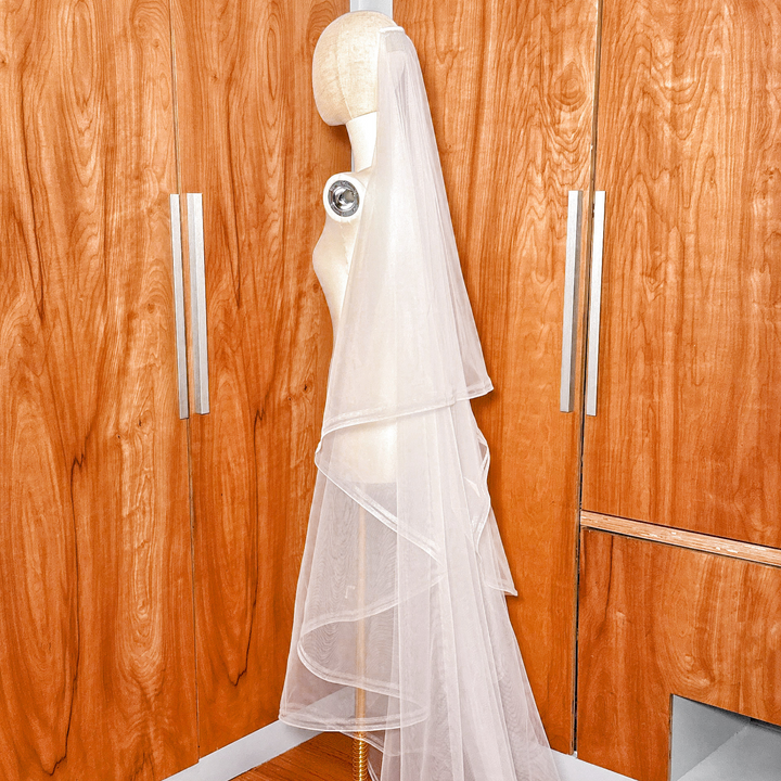 Detailed view of the horsehair layers on a cathedral length wedding veil.