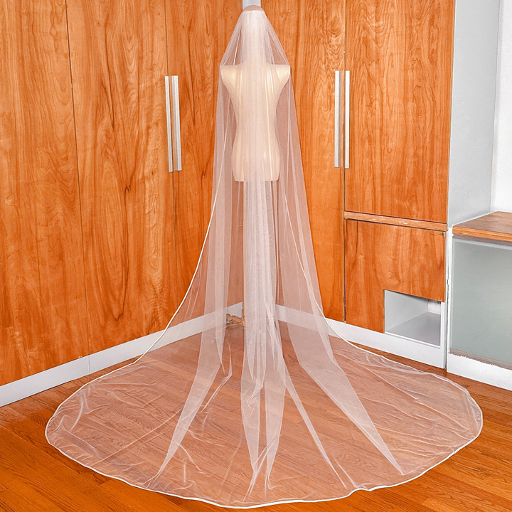 Full back view of a cathedral length single tier ribbon edge wedding veil.