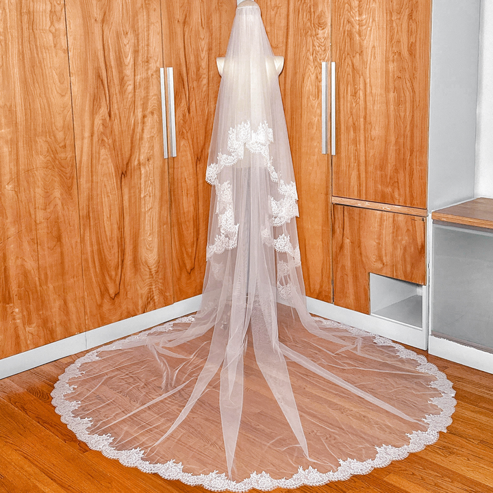 Rear view of a cathedral length two tier Chantilly lace veil on a mannequin, highlighting the long, flowing train and intricate floral lace patterns.
