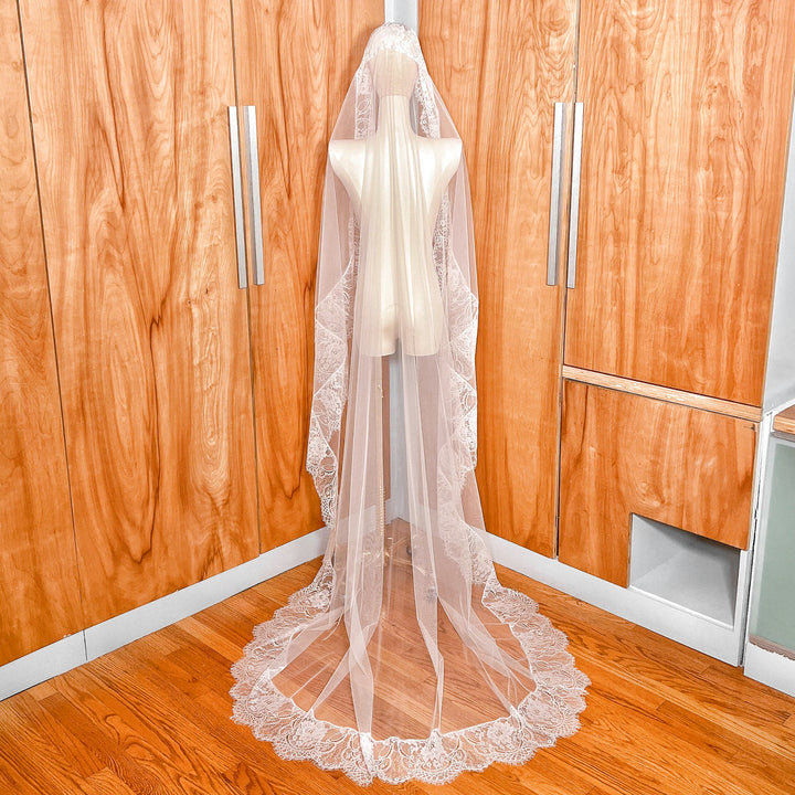 Back view of a cathedral length Wide Chantilly Lace Bridal Mantilla Veil on a mannequin to demonstrate the elegant floor-length train and wide lace trim.