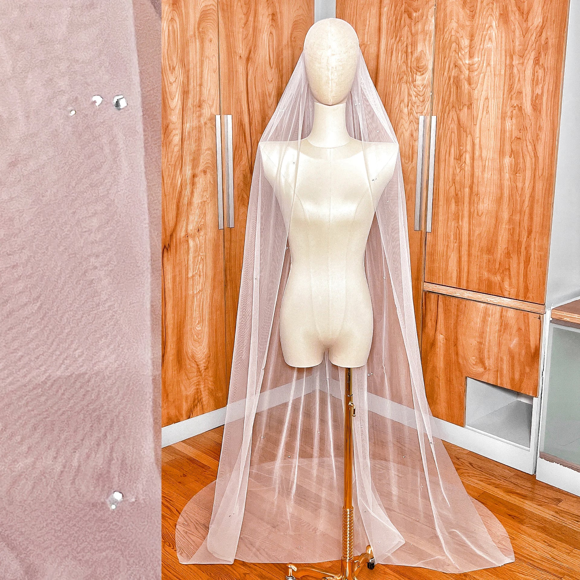 Elegant cathedral length scattered rhinestone wedding veil showcasing a brilliant sparkle pattern.