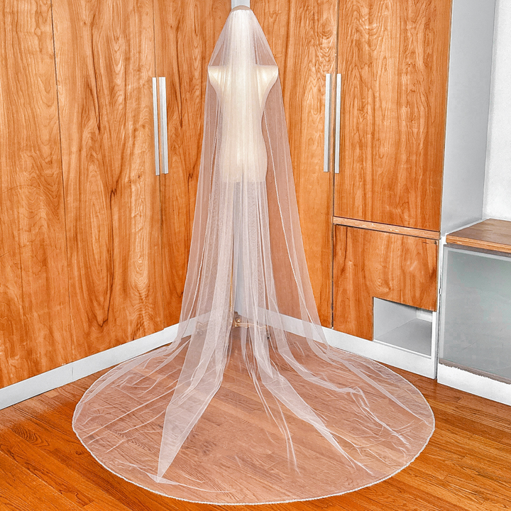 Full back view of a cathedral length soft tulle wedding veil with a detailed beaded edge.