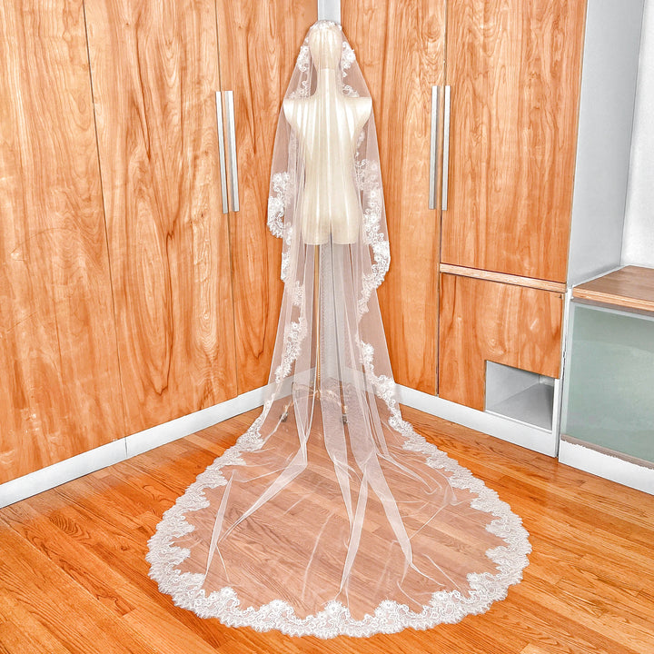 Full-length view of a Spanish-style Chantilly lace bridal mantilla veil in cathedral length.