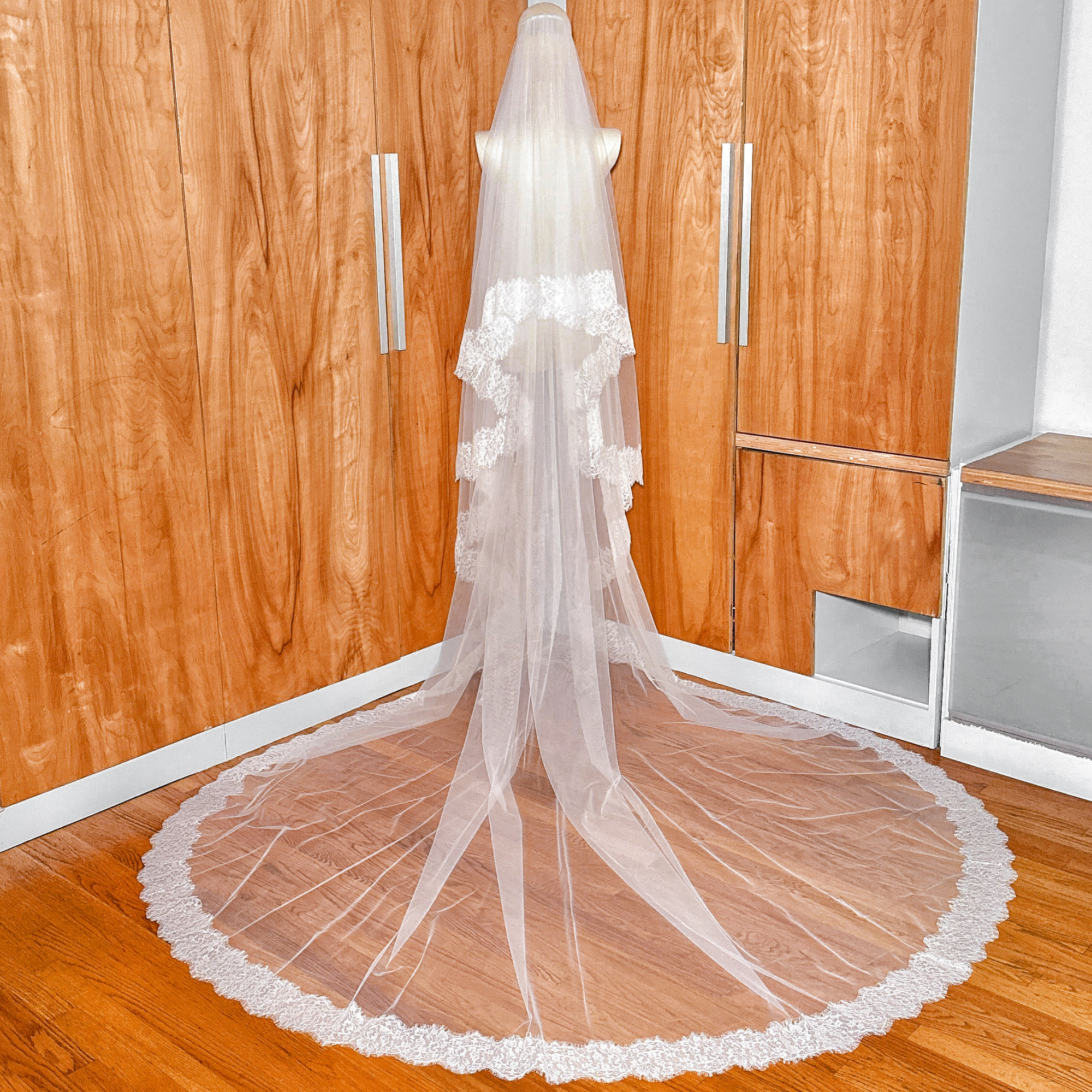 Cathedral length veil with a scalloped Chantilly lace edge shown on a bridal mannequin.