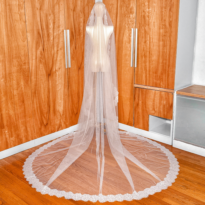 Back view of a Chantilly lace mantilla veil draped over a mannequin to show the cathedral length flow.