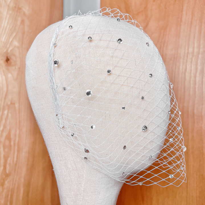 Close-up of a crystal birdcage wedding veil with rhinestone accents displayed on a mannequin head.