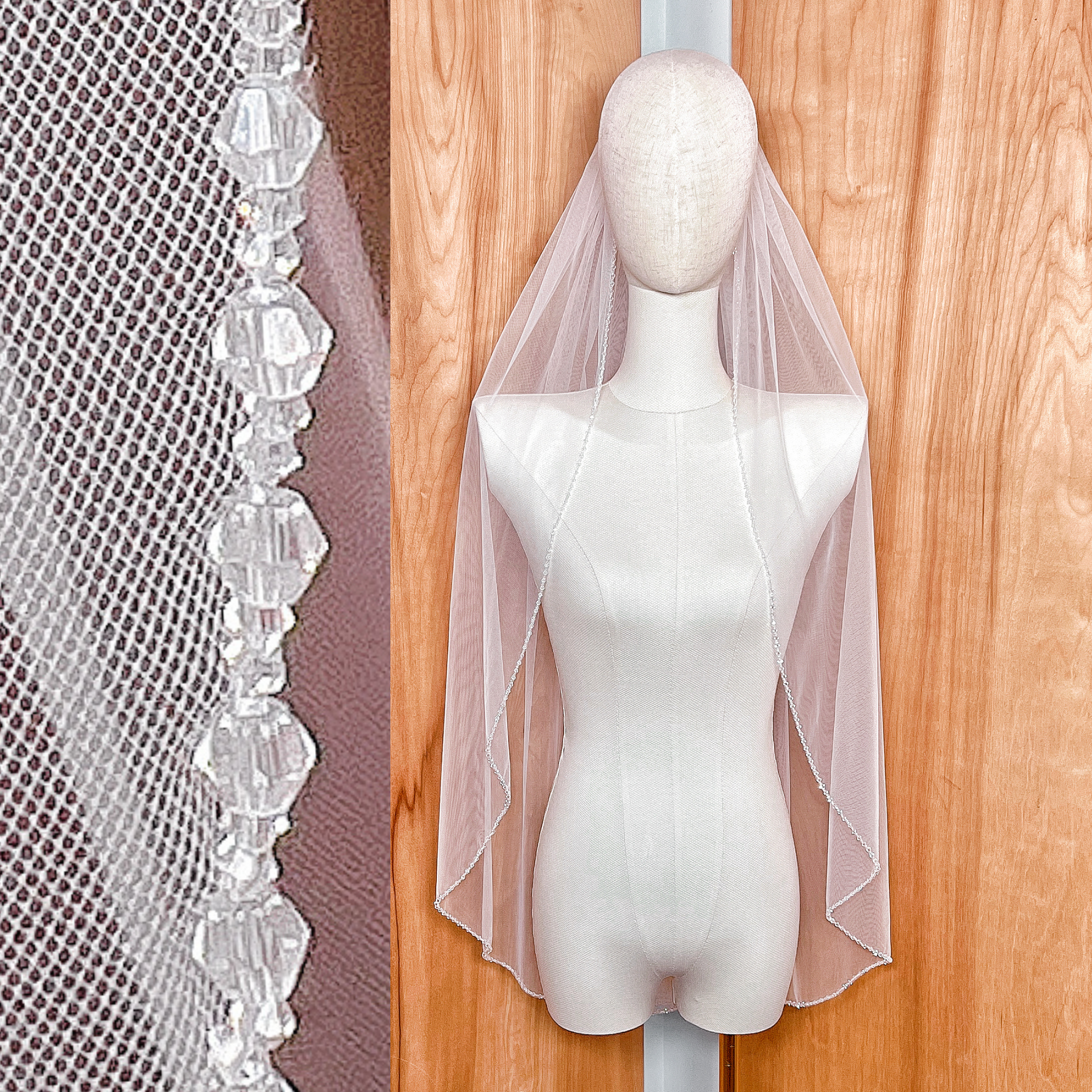 Fingertip length crystal edge wedding veil with shimmering beaded border on a bridal display.