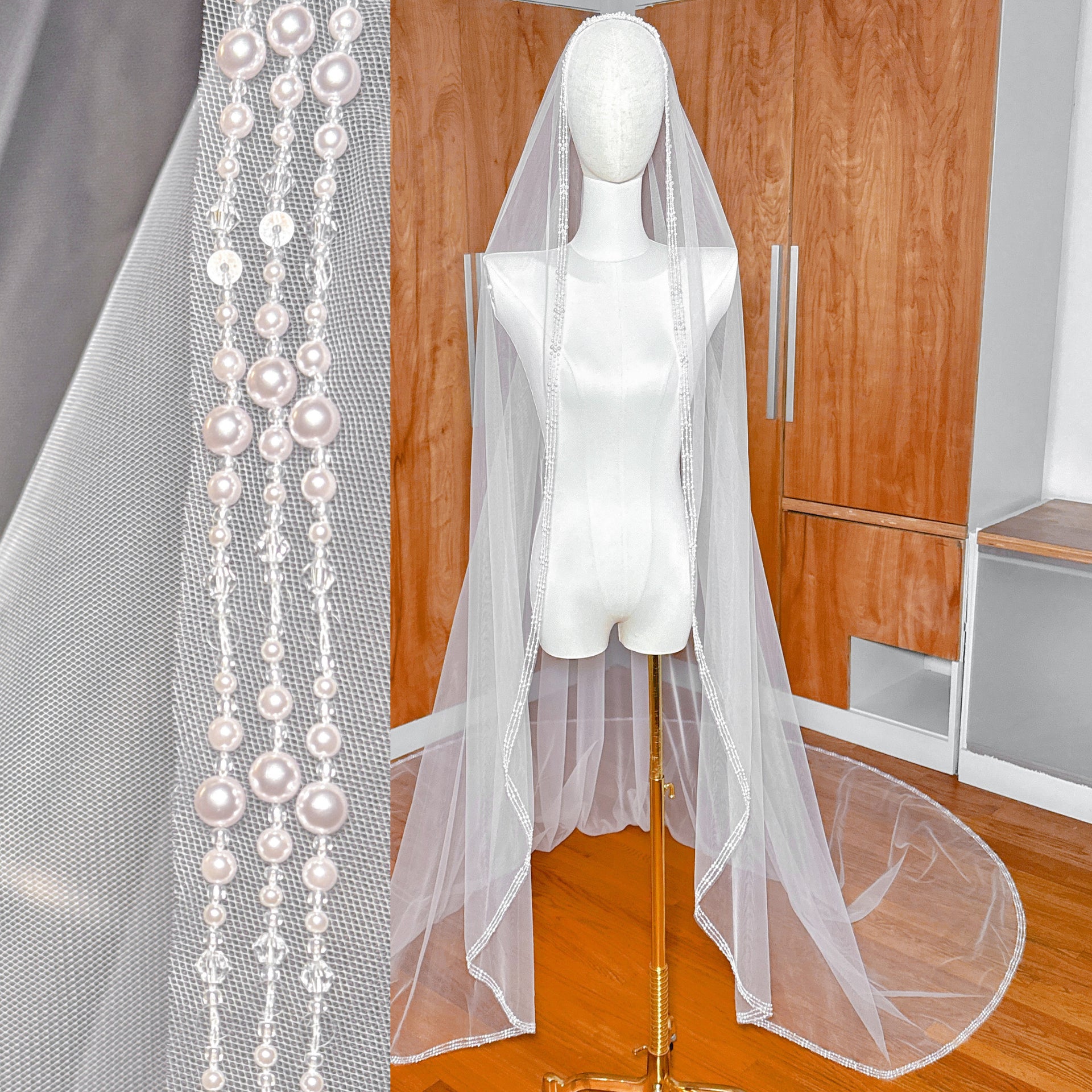 Intricately beaded veil with shimmering crystals and white pearls shown in cathedral length.