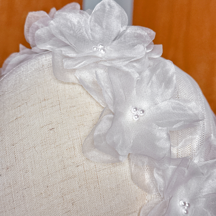 Close-up detail of handcrafted 3D silk organza flowers on a Juliet cap wedding veil.