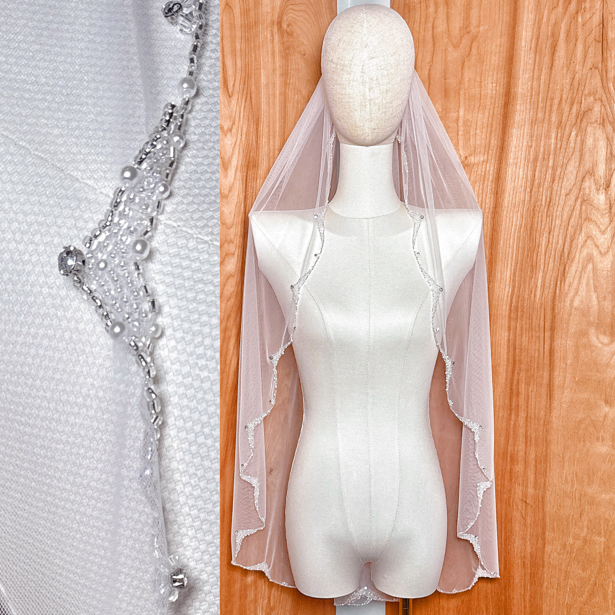 Front view of a fingertip length wedding veil featuring a delicate beaded pearl edge on soft ivory tulle.