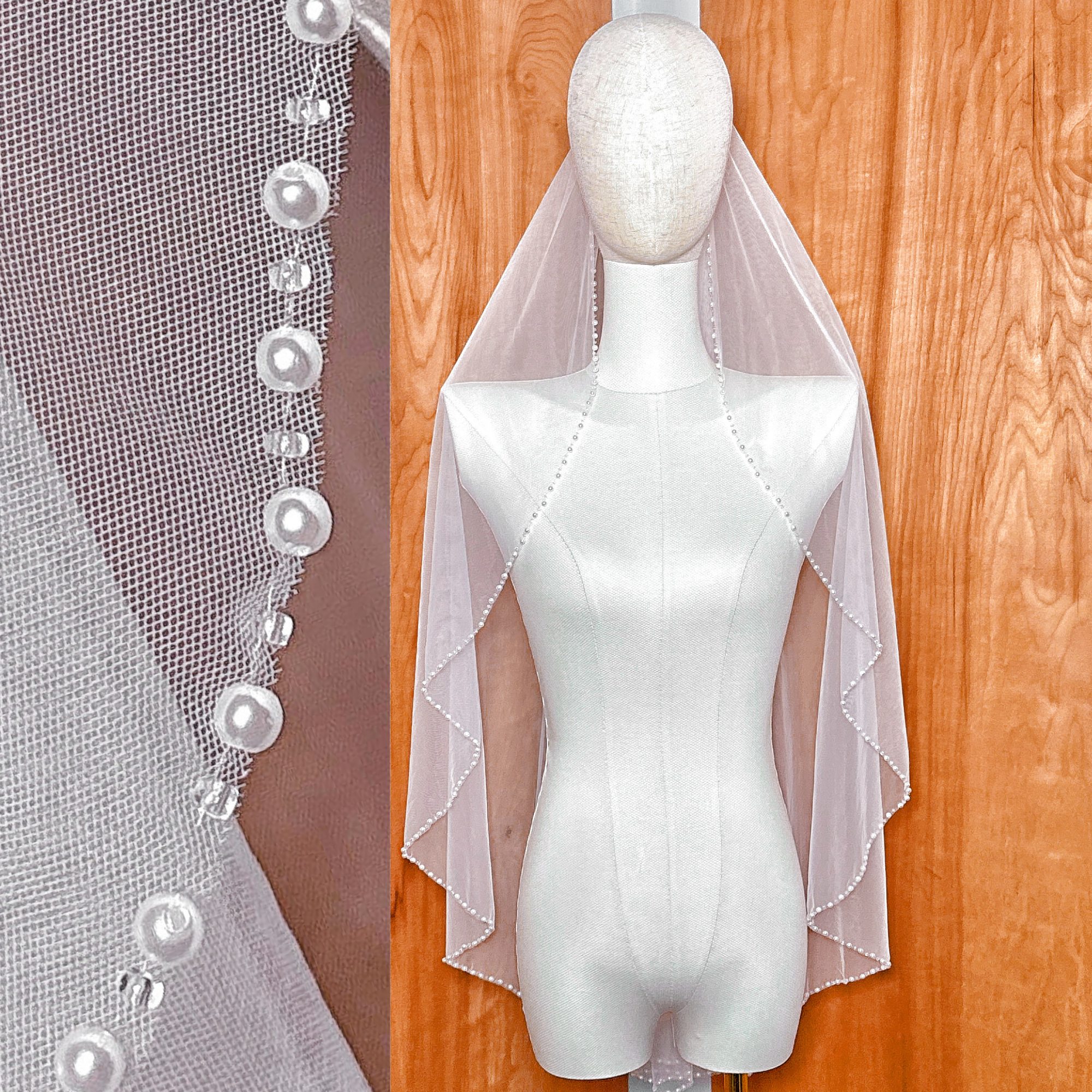 Ivory fingertip length wedding veil featuring a delicate pearl lined border and soft bridal tulle.