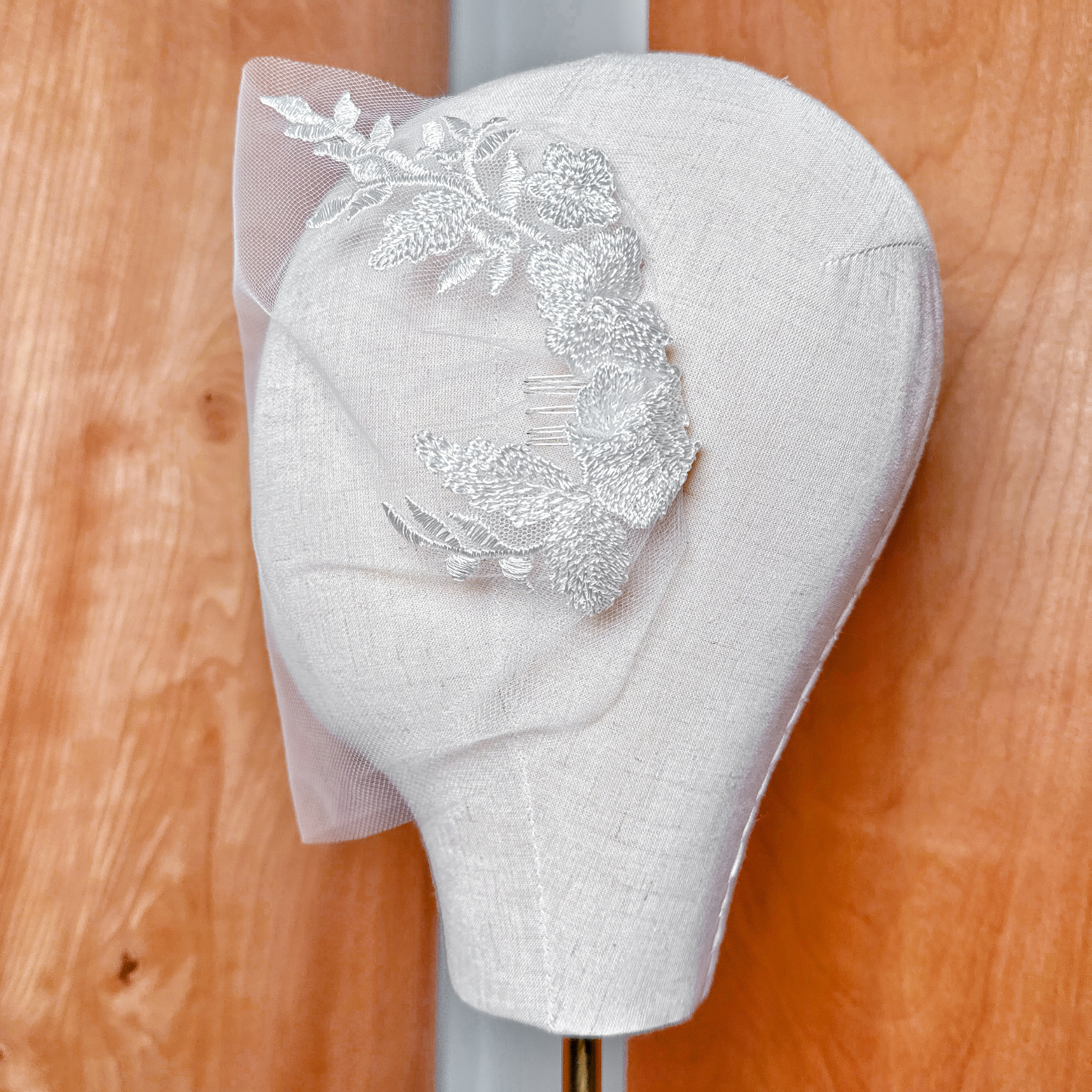 Close-up detail of a white lace birdcage wedding veil featuring intricate floral embroidery.