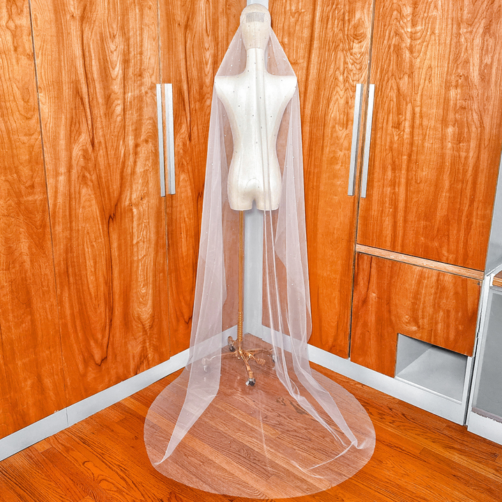 Luxury cathedral wedding veil showcasing a traditional scattered rhinestone mantilla design.