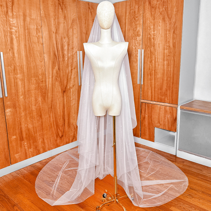 Elegant cathedral length two tier scattered pearl wedding veil for a traditional bridal look.