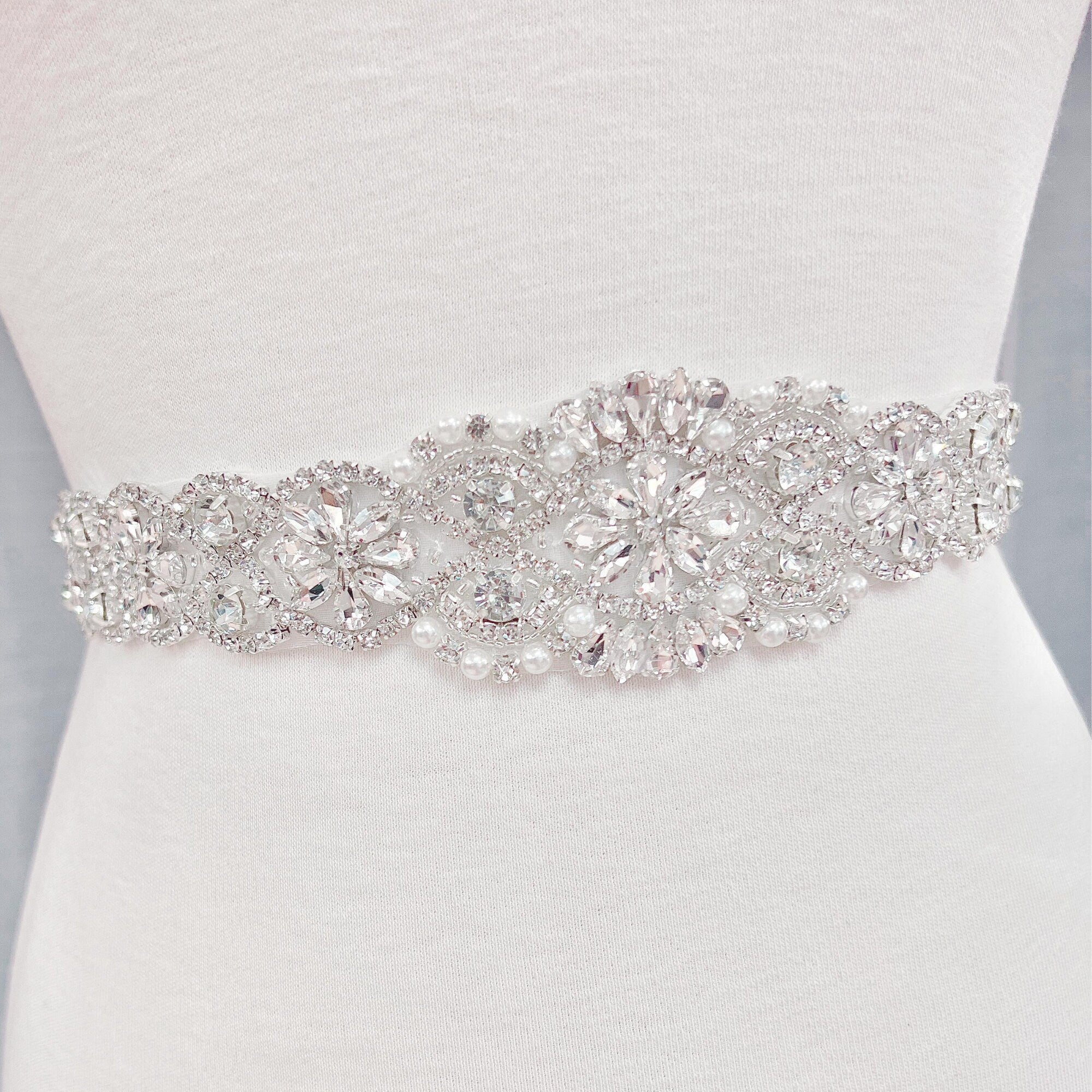 Detail view of the Vintage Pearl Beaded Bridal Belt.