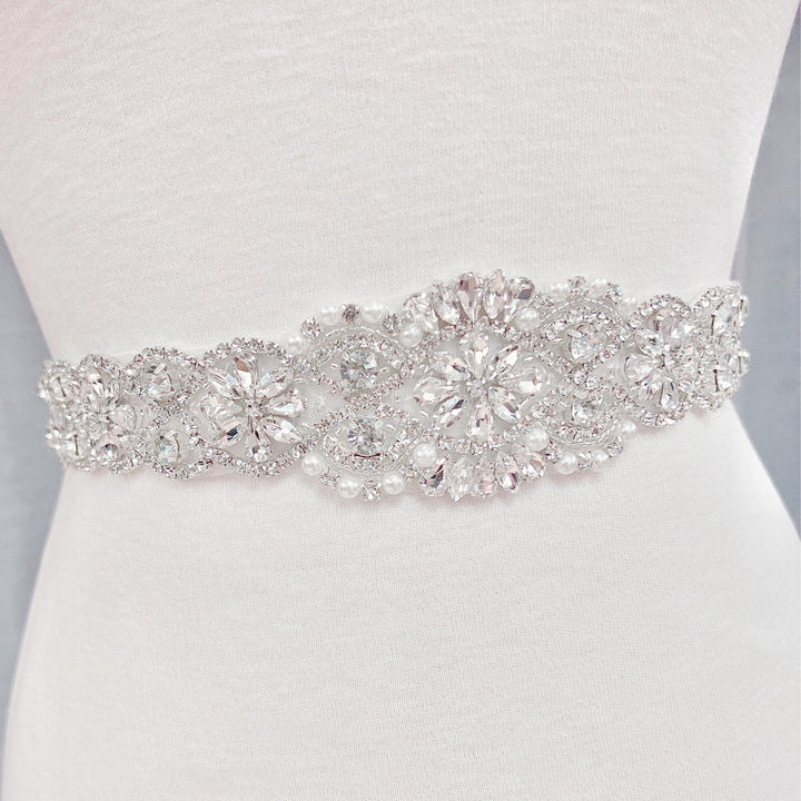 Detail view of the Vintage Pearl Beaded Bridal Belt.