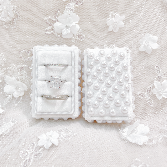 Pearl Embellished Standard Rectangle Velvet Ring Box: Triple Slot
