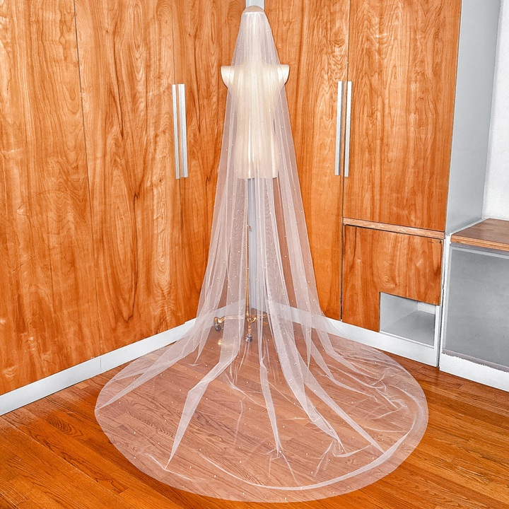 A classic one-tier bridal veil in cathedral length adorned with a scatter of varying-sized white pearls.