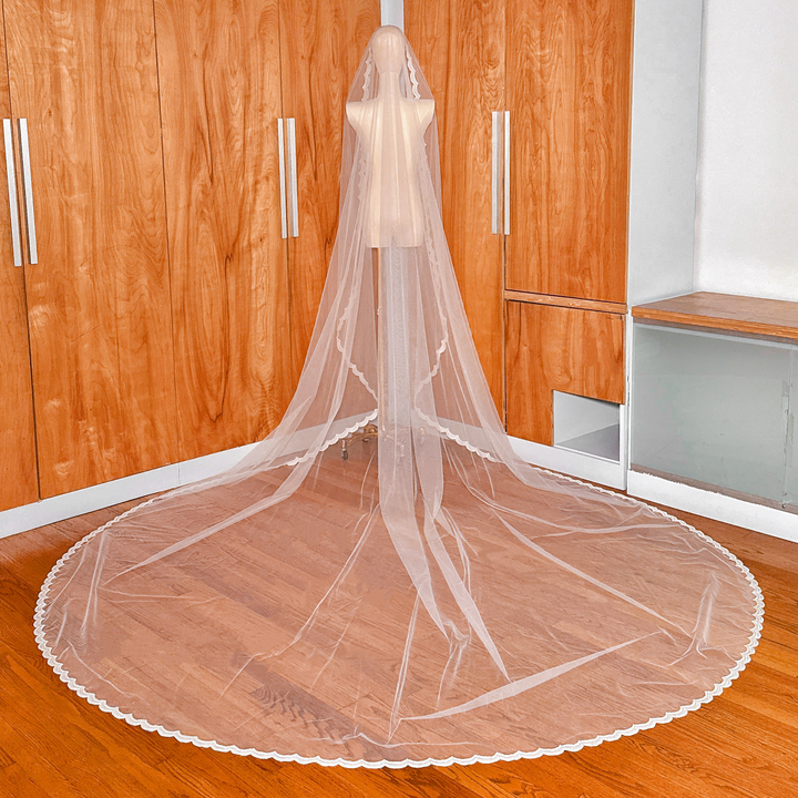 Back view of a 144-inch royal cathedral beaded mantilla wedding veil on a mannequin showing the dramatic trailing lace edge.