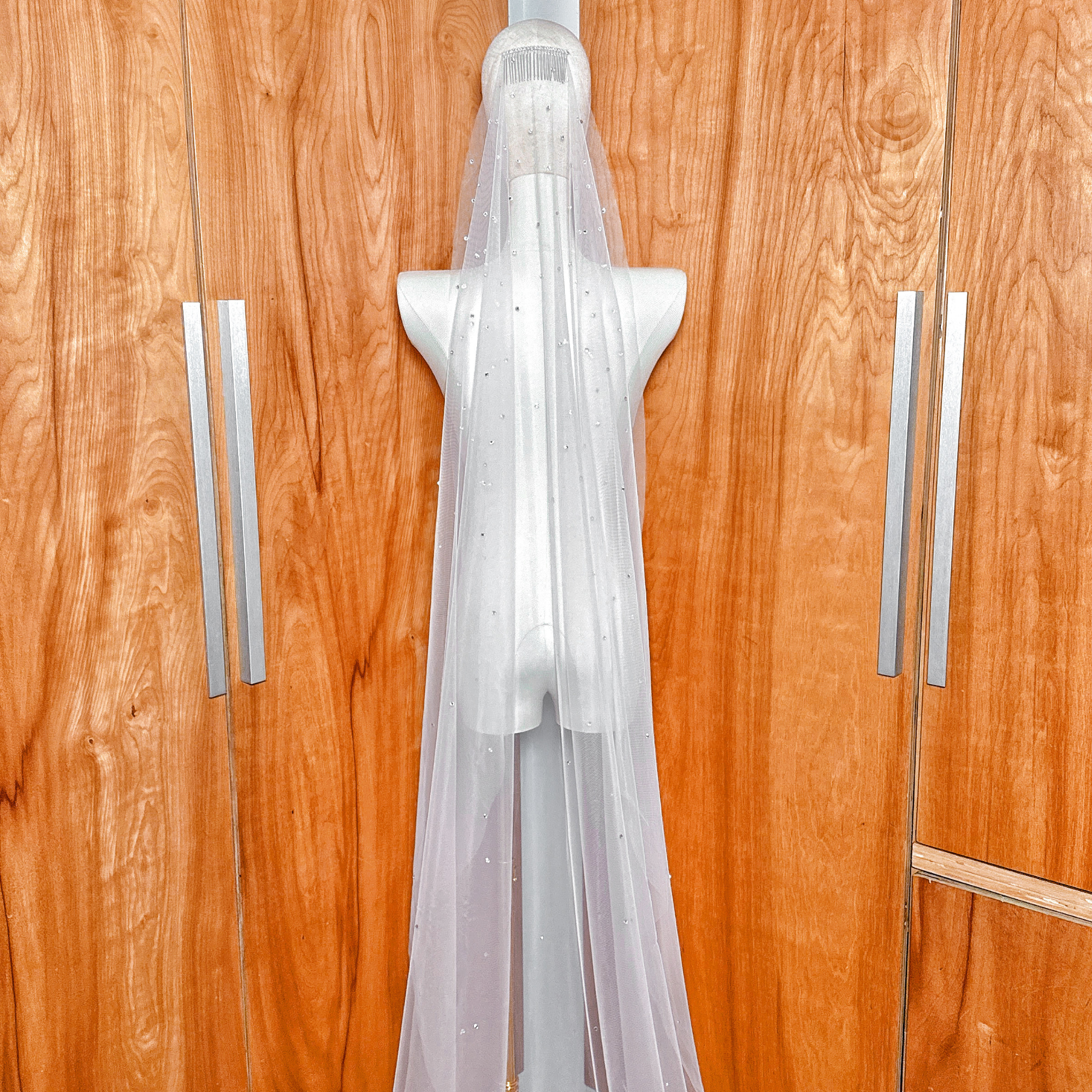 Glamorous long cathedral length scattered rhinestone mantilla wedding veil for brides.