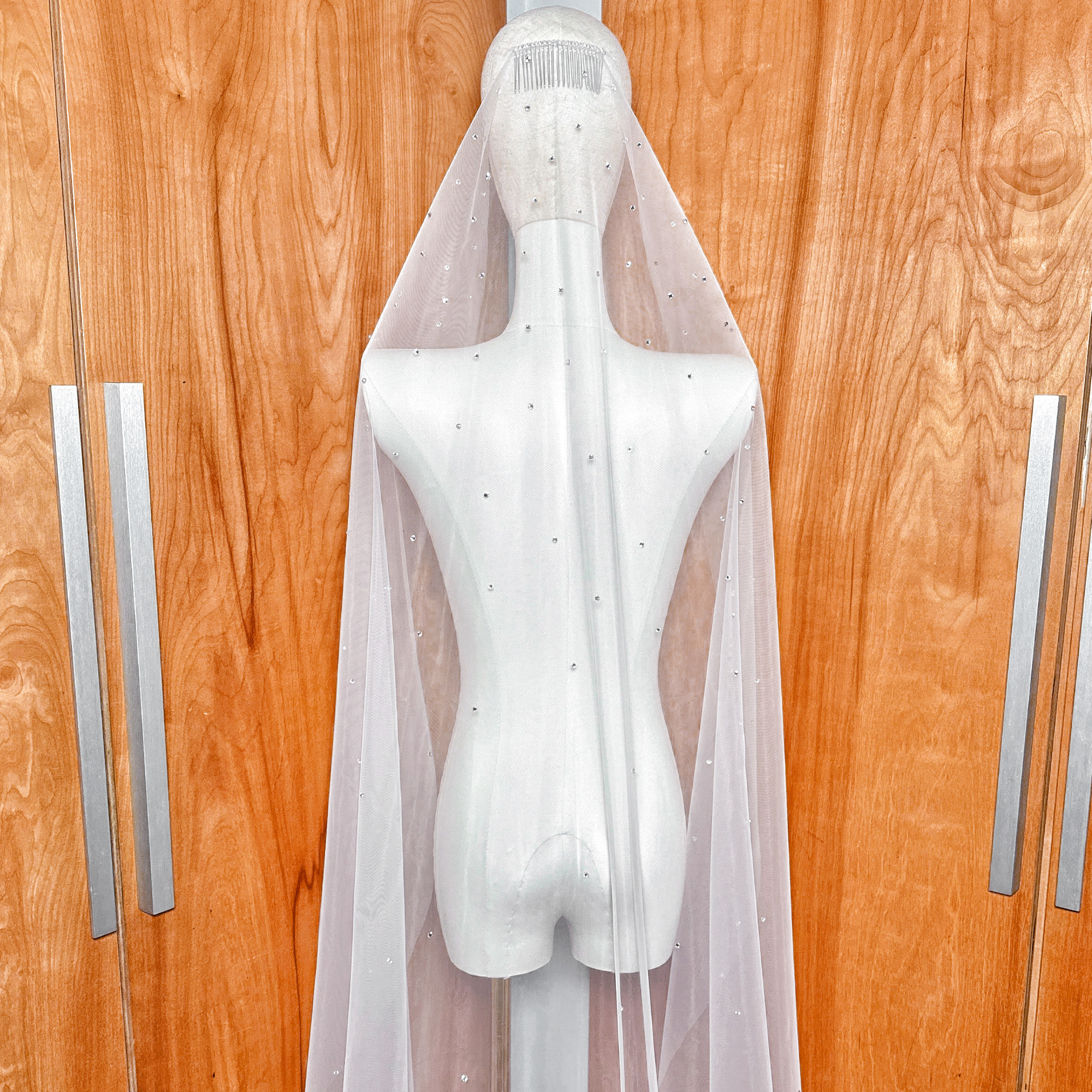 Sparkling rhinestones catch light on a scattered crystal mantilla wedding veil.