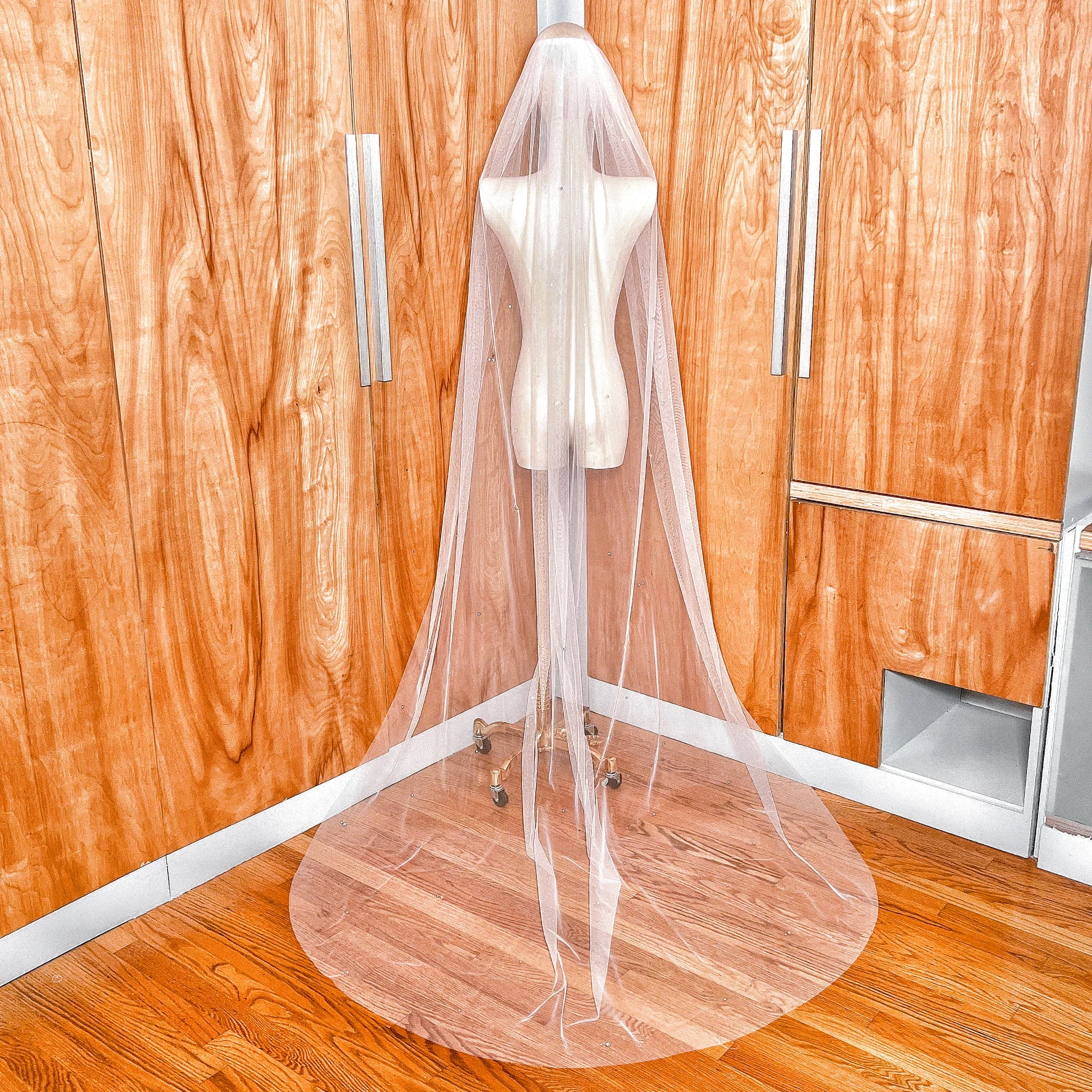 Back view of a cathedral length scattered rhinestone wedding veil flowing down beautifully.